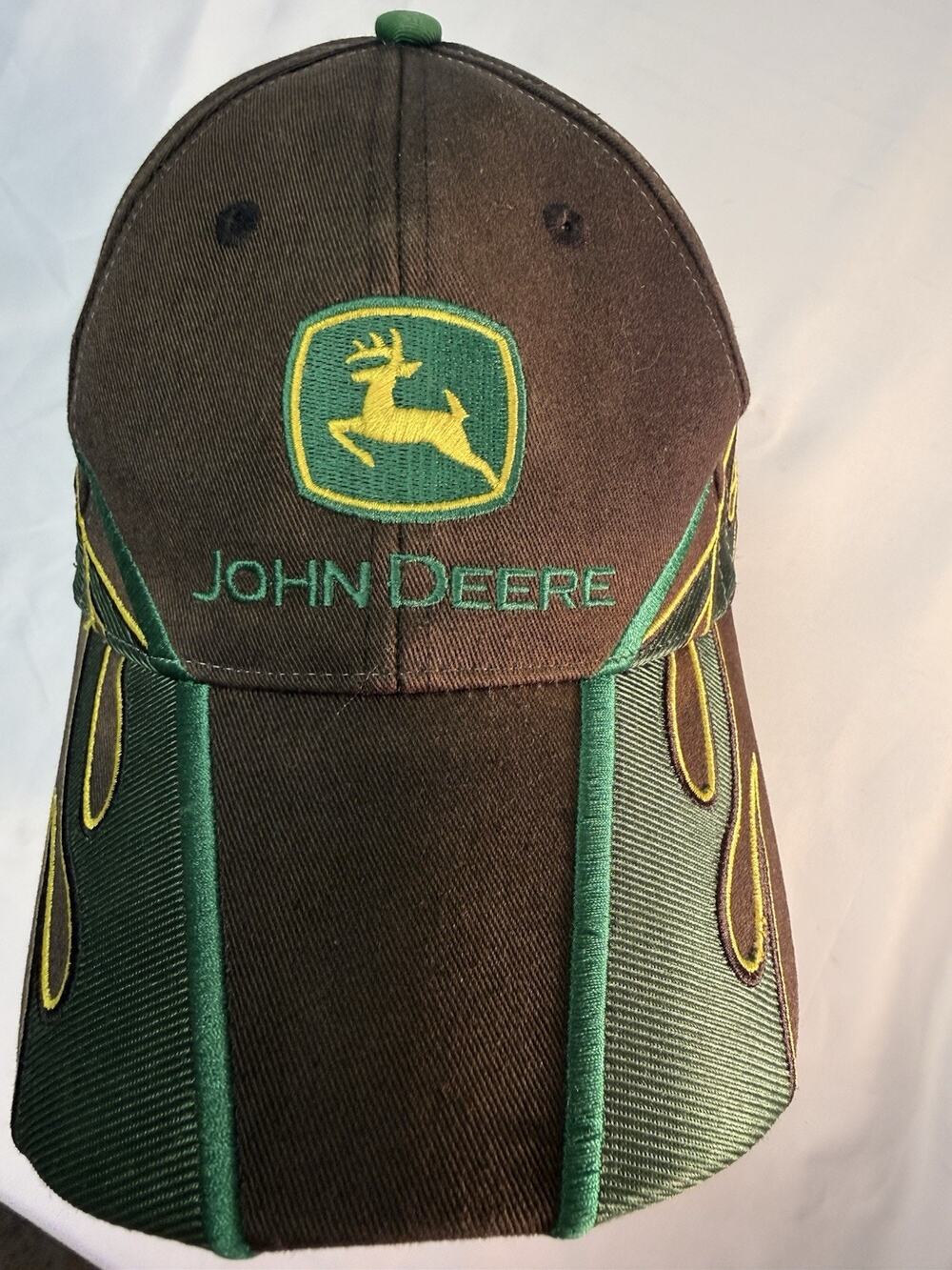 John Deere Black Green Flamed Adjustable Hook Loop Strap Back Embroidered Cap
